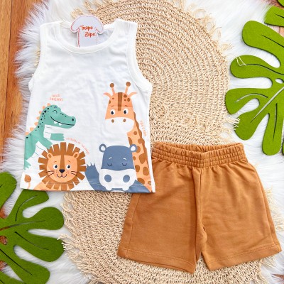Conj. Regata Wild Friends e Bermuda - Off White e Marrom